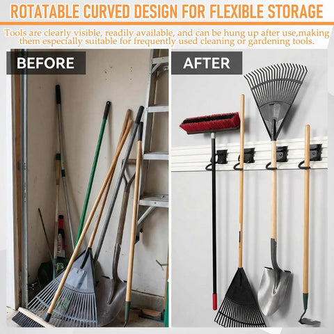 Garage wall with 4 Pack S Hooks For Wall Storage System Heavy Duty Curved Pivot Garage Hooks holding garden tools in neat arrangement.