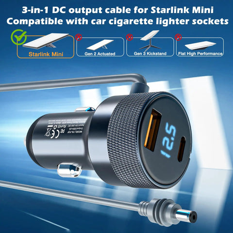 Heavy Duty 12 Volt And 24 Volt Vehicle Power Adapter For Compact Satellite Terminals With Ten Foot Waterproof Wire Harness And Dual Fast Charge USB Ports. Close-up of 3-in-1 DC output cable for Starlink Mini.
