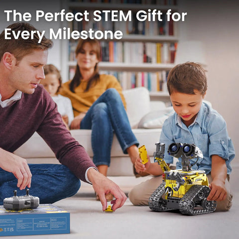 Child playing with 5 In 1 Buildable Robot Kit With Remote Control For Kids Ages 8 To 13, STEM toy and family fun background