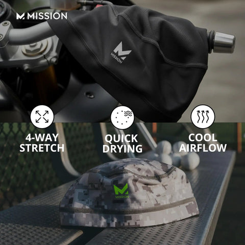 Cooling Helmet Liner That Cools Instantly When Wet, UPF 50 Sun Protection, Digital Camo Gray, displayed on a bike handlebar and bench.