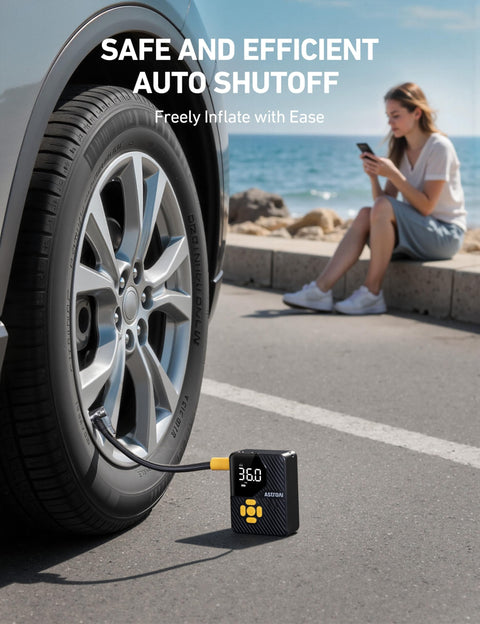 L7 Mini Tire Inflator Portable Air Compressor with LED light by car tire, woman seated nearby