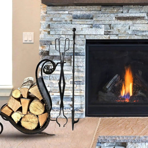 Beefy 32 Inch Fire Pit Poker And 26 Inch Fireplace Tongs Tool Set by stone fireplace with wood holder.