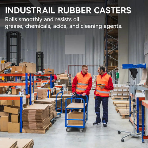 Heavy Duty Rubber Caster Wheels Set Of Four With 1000 Pound Capacity Non Marking Industrial Grade Replacement Casters For Cart Dolly Trolley Hella Smooth Rolling Performance in a warehouse with workers.