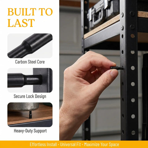 Hand adjusting Beefed Up Shelf Support Pegs With Rubber Covers Black Carbon Steel 24 Pack in metal shelving unit