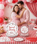 96 Piece Special Delivery Pizza Paper Plates And Napkins Set Hits Different with chic red and white checkered prints at a baby shower.
