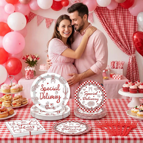 96 Piece Special Delivery Pizza Paper Plates And Napkins Set Hits Different with chic red and white checkered prints at a baby shower.