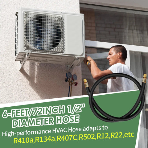 Technician using Half Inch HVAC Vacuum Hose With Three Eighths Inch Fittings Six Feet Long High Flow Refrigerant Evacuation Line.