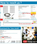 Instructions to contact, download user guide, and free design service for Completely Hidden One Eighth Inch Cable Railing Kit with Swageless Tensioners.