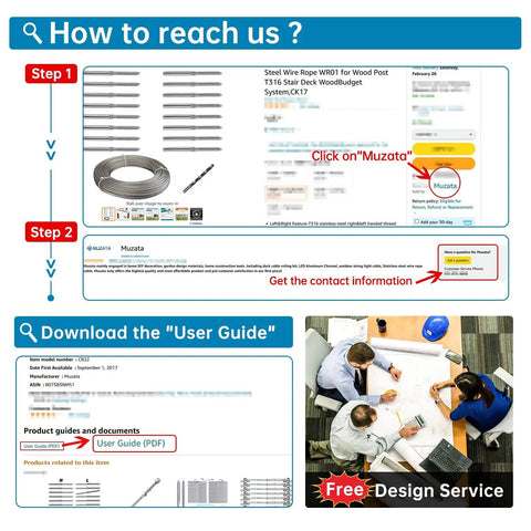 Instructions to contact, download user guide, and free design service for Completely Hidden One Eighth Inch Cable Railing Kit with Swageless Tensioners.