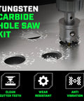Tungsten carbide hole saw kit, 22-piece set for metal, stainless steel and wood; includes bits, blades, and wrenches