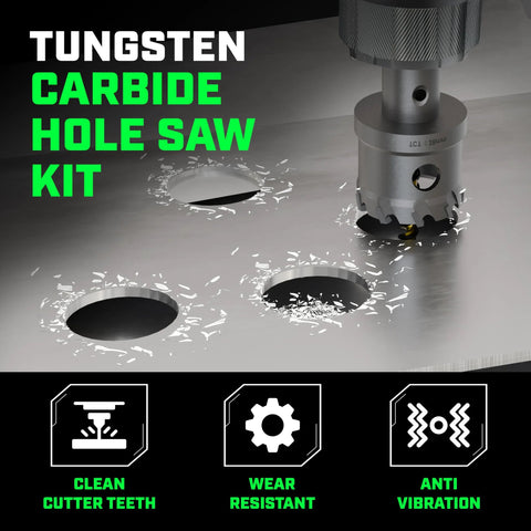 Tungsten carbide hole saw kit, 22-piece set for metal, stainless steel and wood; includes bits, blades, and wrenches