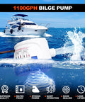 1100 GPH 12V Automatic Bilge Pump Kit for boats with 1 1/8 inch outlet, showing pump and water flow with yacht in background