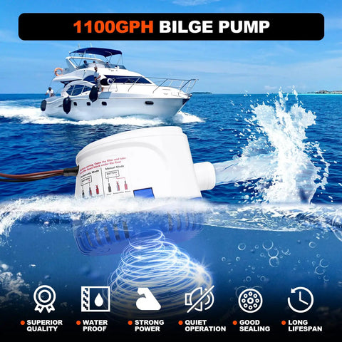 1100 GPH 12V Automatic Bilge Pump Kit for boats with 1 1/8 inch outlet, showing pump and water flow with yacht in background