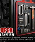 Magnetic Tool Mat And Telescoping Magnetic Pickup Tool Set with wrenches, screws, and hammer on a black and red mat