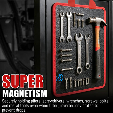 Magnetic Tool Mat And Telescoping Magnetic Pickup Tool Set with wrenches, screws, and hammer on a black and red mat