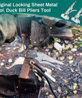 Two Pack 8 Inch And 10 Inch Locking Sheet Metal Pliers Set used in metal fabrication with sparks flying outdoors