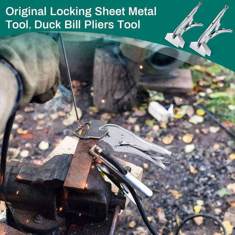 Two Pack 8 Inch And 10 Inch Locking Sheet Metal Pliers Set used in metal fabrication with sparks flying outdoors