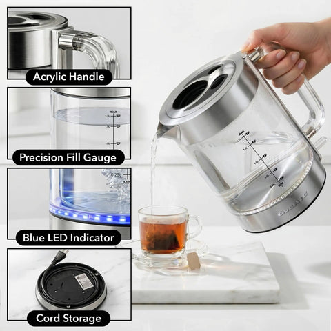 Person pouring water from Lightning Fast 1.7L Glass Electric Kettle With Stainless Steel Base Cordless 1500W Boiler