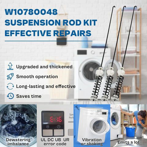 Washer Suspension Rod Kit Beefy Stainless Steel With Quick Return Spring For Whirlpool Maytag And Kenmore Washers displayed.