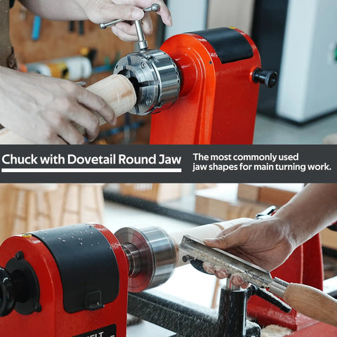 Heavy Duty Wood Lathe Chuck With Self Centering Scroll Jaw System gripping a wooden blank during turning process.
