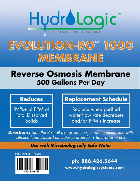 Evolution RO1000 High Flow Reverse Osmosis System Delivers Crazy Fast Water Purification With Top Shelf Efficiency, Cuts Total Dissolved Solids By Over Ninety Five Percent, Pumps Out Over One Thousand Gallons Per Day For Home And Small Shop Use packaging label showing specifications and contact info