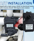 SPORDA CVA-24T valve actuator installed on a PVC irrigation valve; black 24VAC housing.