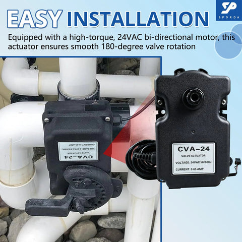 SPORDA CVA-24T valve actuator installed on a PVC irrigation valve; black 24VAC housing.