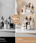 Before and after of Two Tier Clear Rotating Vanity Organizer With Smooth 360 Degree Spin For Skincare And Perfume Beauty Essentials Storage.