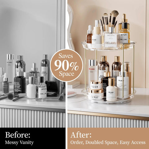 Before and after of Two Tier Clear Rotating Vanity Organizer With Smooth 360 Degree Spin For Skincare And Perfume Beauty Essentials Storage.