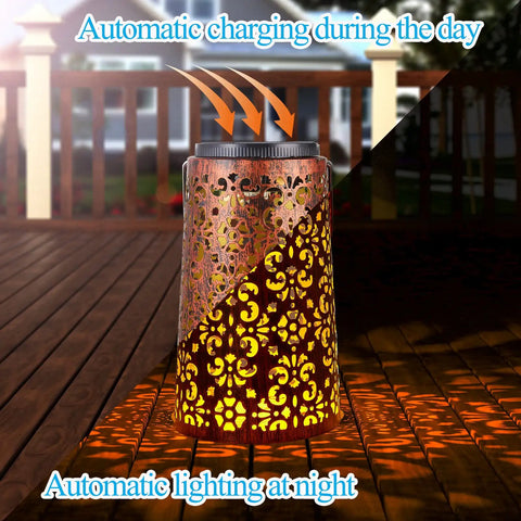 Two Pack Solar Hanging Lanterns Outdoor Lights With IP55 Waterproof Rating Retro Metal Decor For Garden Patio Tree Fence Backyard Pathway Solar Powered Dual Modes Warm And Cool White on deck at night