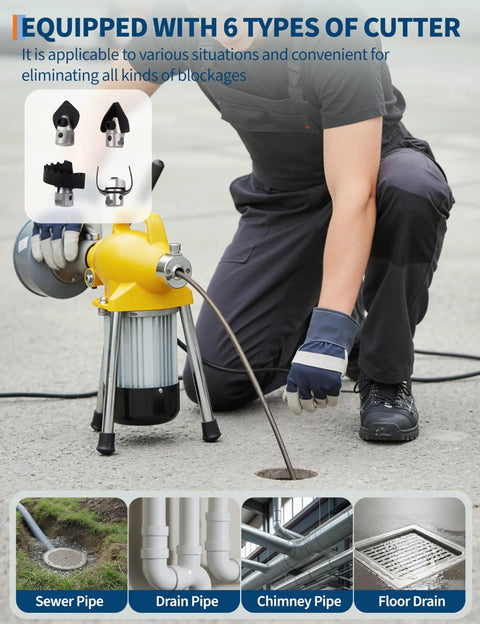 Pro Grade 500W Drain Cleaning Machine With Auto Feed Sewer Snake Auger and 66Ft Carbon Steel Cable in action clearing a floor drain.