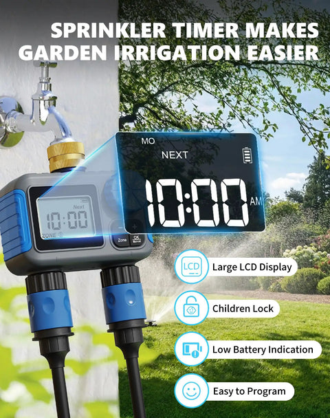 Two Zone Sprinkler Timer With Brass Swivel No Fuss Dual Outlet Rain Delay Manual Mode Easy Setup Auto Watering System