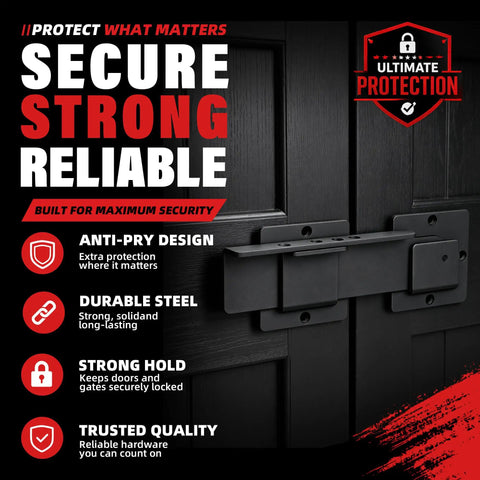 Easy As Pie Setup Heavy Duty 9 Inch Reversible Door Latch With Padlock Hole shown on a black wooden door for security.