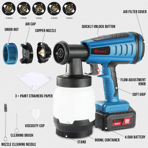 Cordless HVLP Paint Sprayer With Brushless Motor, 20V Battery, 800ml Cup, 5 Copper Nozzles, 3 Spray Patterns, 4.0Ah Battery Pack