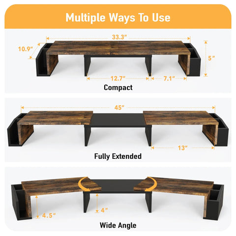 Dual Monitor Desk Riser With Drawer In Rustic Brown, Built In Phone Holder, Customizable Organizer Tray With Dividers, Side Caddies For Extra Storage, Keeps Your Home Office Setup Clean And Ready in compact, extended, and wide configurations