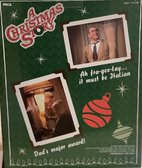 A Christmas Story themed packaging with images related to Leg Lamp 20 Inch From A Christmas Story Officially Licensed Replica For Fans And Collectors An Iconic Classic Movie Prop That Makes A Bold Desk Decor Statement And A Must Have Gift For Holiday Home Office.