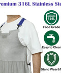 Person wearing Chainmail Meat Apron For Butchers Anti Cut Protective Bib With Adjustable Straps Stainless Steel 316 Mesh