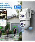 Dual Lens 4K 8MP HD PTZ Weatherproof Outdoor Security Camera WiFi with day and night vision monitoring near entrance.