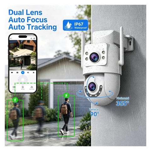 Dual Lens 4K 8MP HD PTZ Weatherproof Outdoor Security Camera WiFi with day and night vision monitoring near entrance.