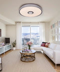 LED Ceiling Light With Bluetooth Speaker And RGB Color Changing Glow, 24W, 15.7 Inch Remote Control Ceiling Lamp in modern living room.