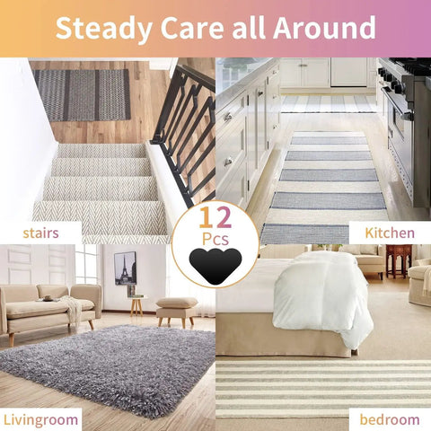 12 Pack Double Sided Non Slip Rug Pad Gripper For Hardwood Floors And Tile Washable Carpet Tape Underlay in various home settings