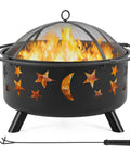 Round 30 Inch Fire Pit For Outdoor Wood Burning With Spark Screen And Poker Celestial Stars And Moon Cutouts Patio Backyard Bonfire Pit For Campouts And Picnics Easy To Use Night Vibes, showing celestial cutouts and flames