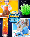 50 Plus Science Experiments Kit For Kids With Hands On STEM Activities Chemistry And Earth Science Projects Including Volcano Eruption Gemstone Crafting And Magic Experiments A Fun Educational Toy Gift For Boys And Girls - collage of experiments including volcano eruption, crystal growing, lava lamp, and gemstone digging