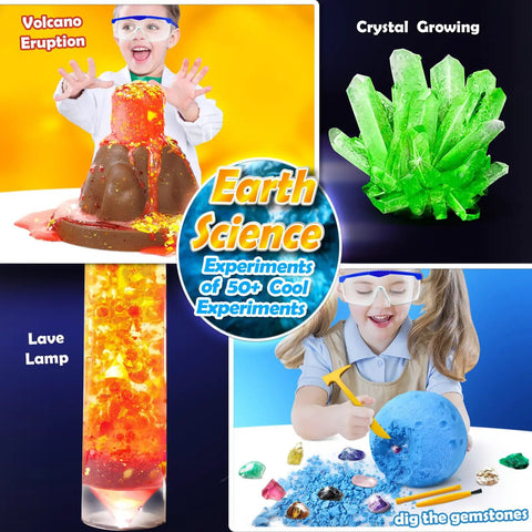 50 Plus Science Experiments Kit For Kids With Hands On STEM Activities Chemistry And Earth Science Projects Including Volcano Eruption Gemstone Crafting And Magic Experiments A Fun Educational Toy Gift For Boys And Girls - collage of experiments including volcano eruption, crystal growing, lava lamp, and gemstone digging