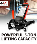 5 Ton Low Profile Hydraulic Floor Jack With Dual Piston Quick Lift Pump Heavy Duty Steel Lift For Cars Trucks And SUVs Up To 11000 Lbs Ideal For Home Or Workshop Maintenance shown lifting a vehicle.