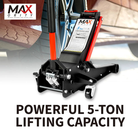 5 Ton Low Profile Hydraulic Floor Jack With Dual Piston Quick Lift Pump Heavy Duty Steel Lift For Cars Trucks And SUVs Up To 11000 Lbs Ideal For Home Or Workshop Maintenance shown lifting a vehicle.