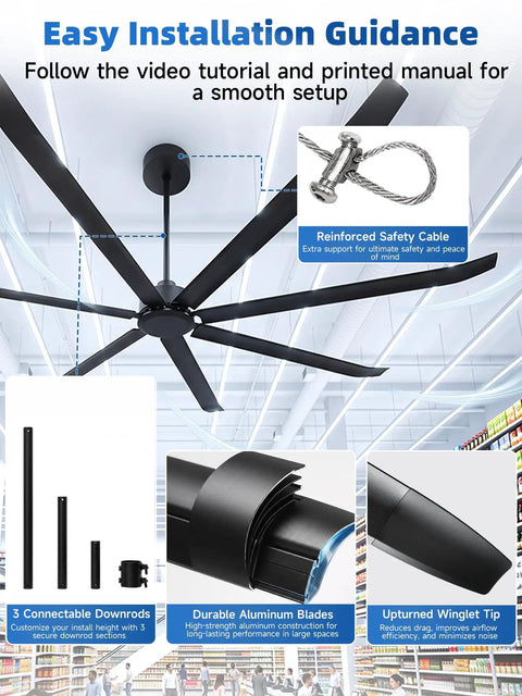 108 Inch Industrial Ceiling Fan No Light For Large Spaces Like Garages Gyms Barns And Restaurants Heavy Duty HVLS Powerhouse Delivers Serious Airflow And Cooling, black blades with safety cable and downrod parts