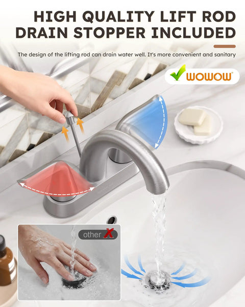 Person adjusting 2 Handle 4 Inch Centerset Bathroom Sink Faucet With Lift Rod Drain Stopper Lead Free Brushed Nickel Lavatory Vanity Faucet Easy Install For 3 Hole Basin Modern Heavy Duty Basin Mixer Tap while water flows