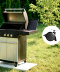 Built Tough Locking Caster Wheels For Weber Spirit 200 And 300 Series Grills with swivel plate near grill on grass.