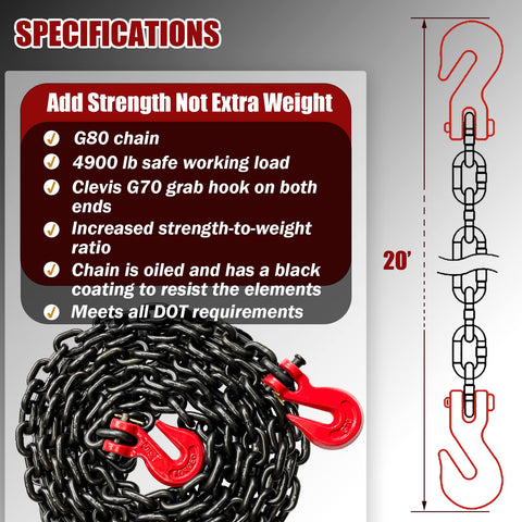 G80 Transport Binder Chain 5/16 Inch By 20 Foot With Clevis Grab Hooks Heavy Duty Tow Chain 4900 Lbs Safe Working Load infographic